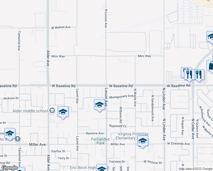 map of restaurants, bars, coffee shops, grocery stores, and more near Locust Avenue & East Base Line Road in Fontana
