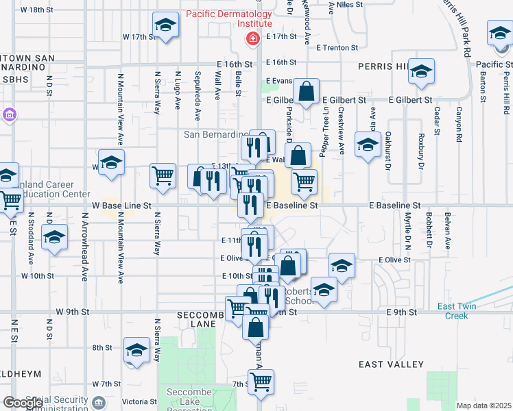 map of restaurants, bars, coffee shops, grocery stores, and more near 294 East Baseline Street in San Bernardino