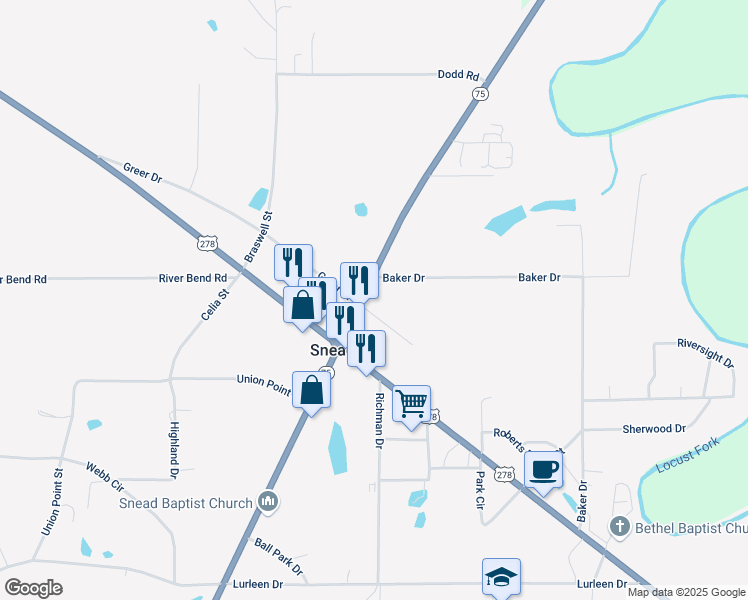 map of restaurants, bars, coffee shops, grocery stores, and more near in Snead