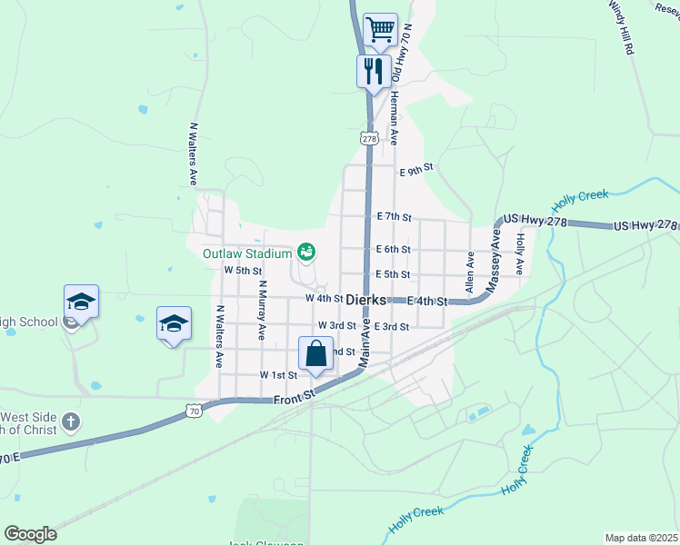 map of restaurants, bars, coffee shops, grocery stores, and more near 501 North Missouri Avenue in Dierks