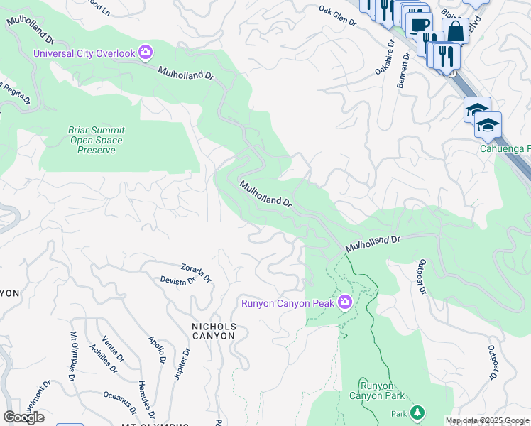 map of restaurants, bars, coffee shops, grocery stores, and more near 7453 Mulholland Drive in Los Angeles