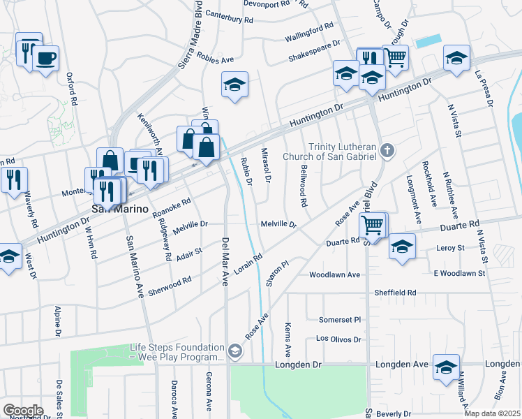 map of restaurants, bars, coffee shops, grocery stores, and more near 1620 Rubio Drive in San Marino