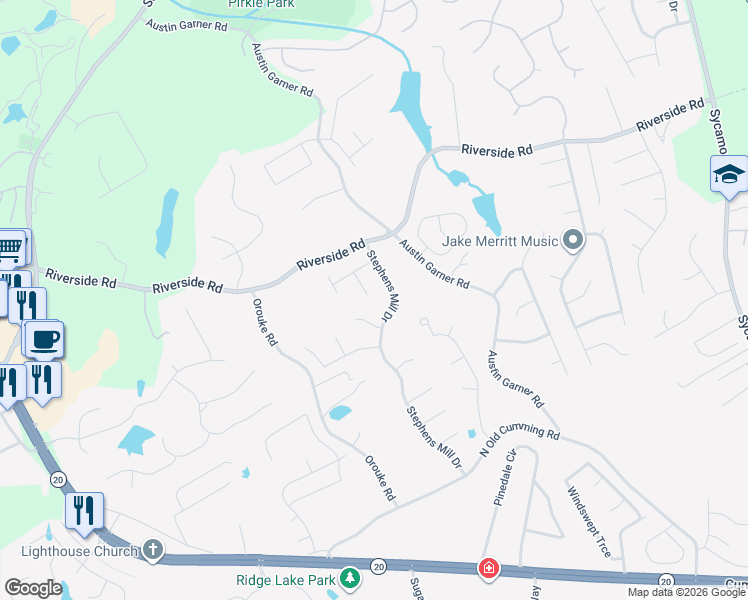 map of restaurants, bars, coffee shops, grocery stores, and more near 5801 Stephens Oak Court in Buford