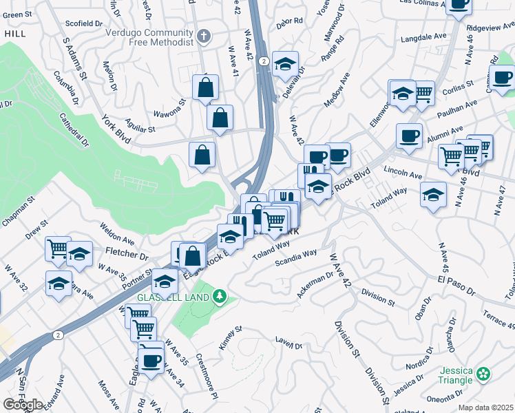 map of restaurants, bars, coffee shops, grocery stores, and more near 3030 Valle Vista Drive in Los Angeles