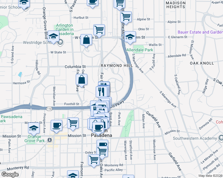 map of restaurants, bars, coffee shops, grocery stores, and more near 333 Raymondale Drive in South Pasadena