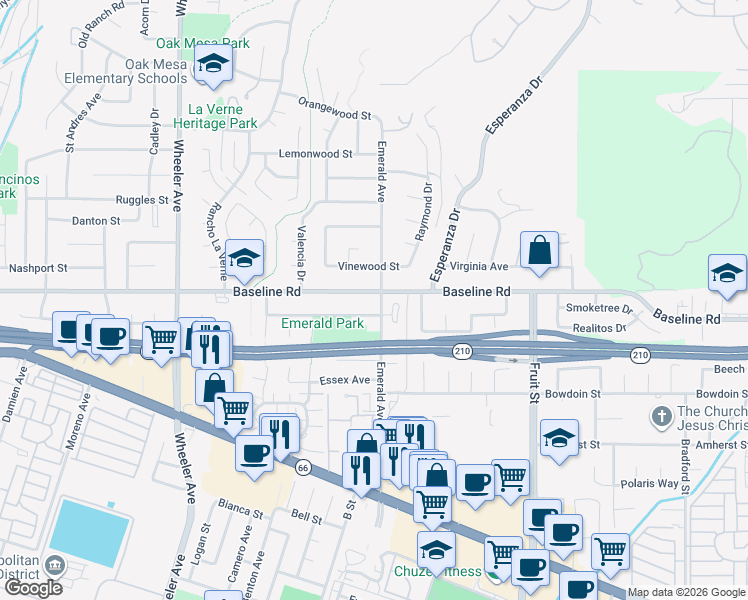 map of restaurants, bars, coffee shops, grocery stores, and more near 1964 Baseline Road in La Verne