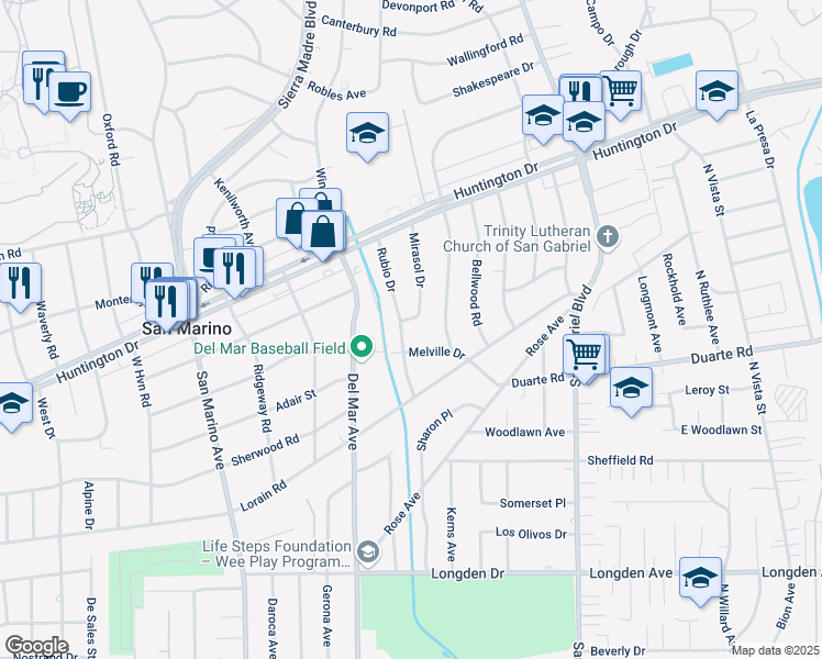 map of restaurants, bars, coffee shops, grocery stores, and more near 1620 Rubio Drive in San Marino