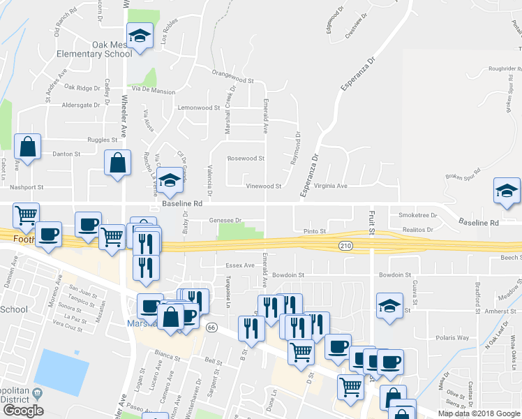 map of restaurants, bars, coffee shops, grocery stores, and more near 1964 Baseline Road in La Verne