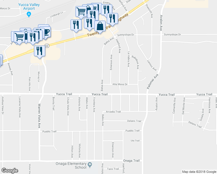 map of restaurants, bars, coffee shops, grocery stores, and more near 58149 Alta Mesa Drive in Yucca Valley