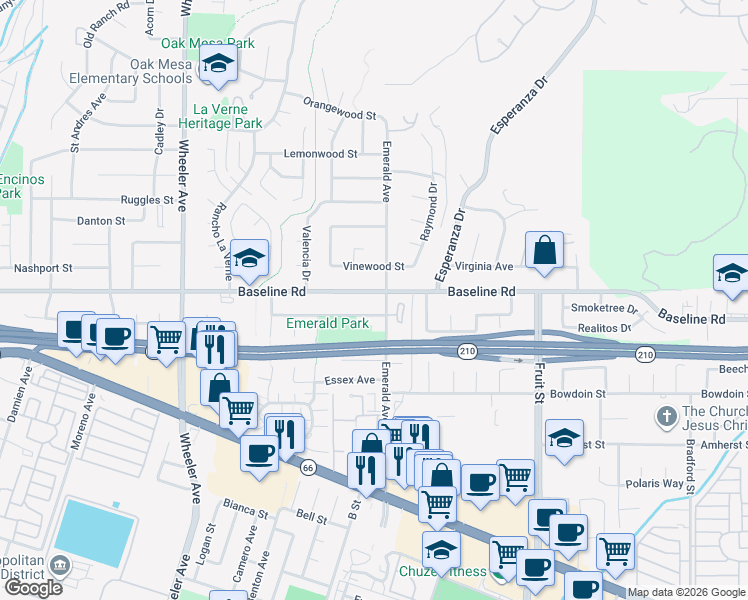 map of restaurants, bars, coffee shops, grocery stores, and more near 2011 Baseline Road in La Verne