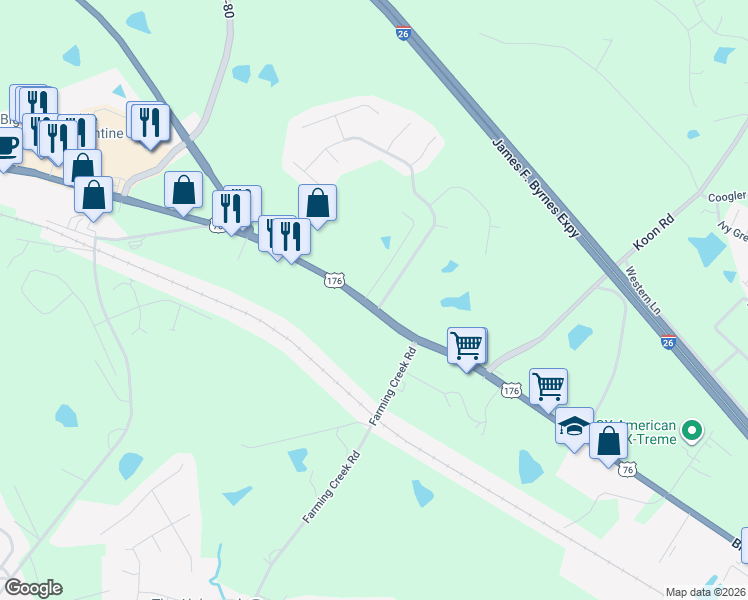 map of restaurants, bars, coffee shops, grocery stores, and more near 117 Caedmons Creek Drive in Irmo