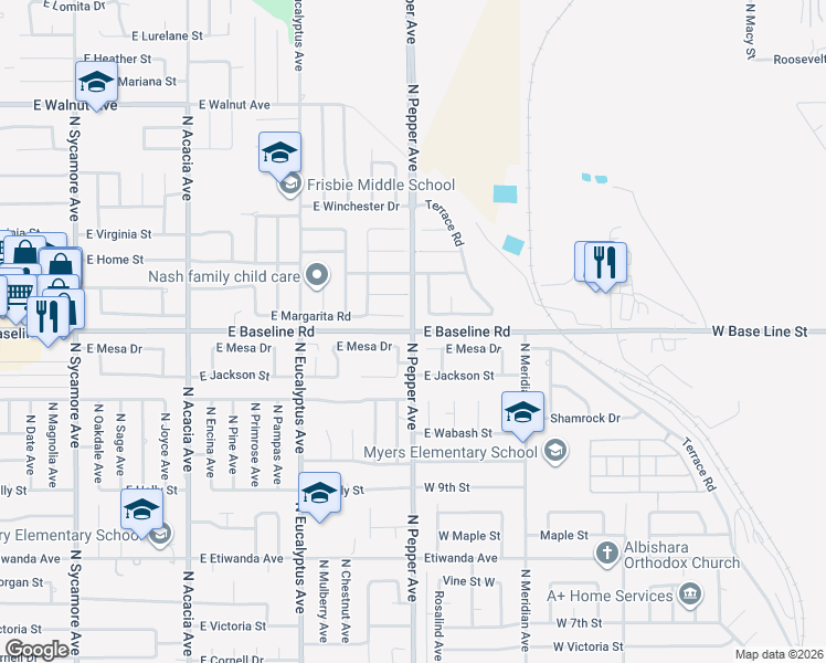 map of restaurants, bars, coffee shops, grocery stores, and more near North Pepper Avenue & East Baseline Road in Rialto