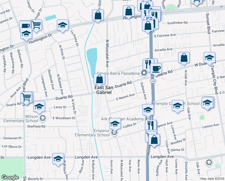 map of restaurants, bars, coffee shops, grocery stores, and more near 8732 Duarte Road in San Gabriel