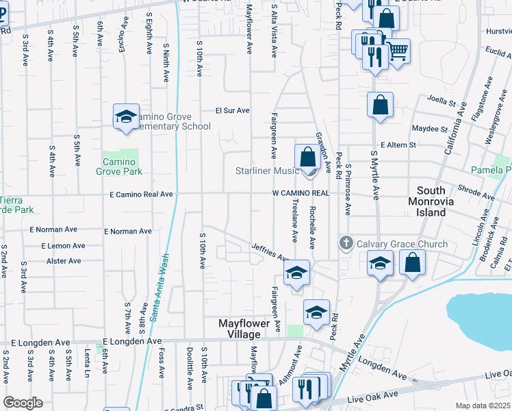 map of restaurants, bars, coffee shops, grocery stores, and more near 1618 Mayflower Avenue in Arcadia