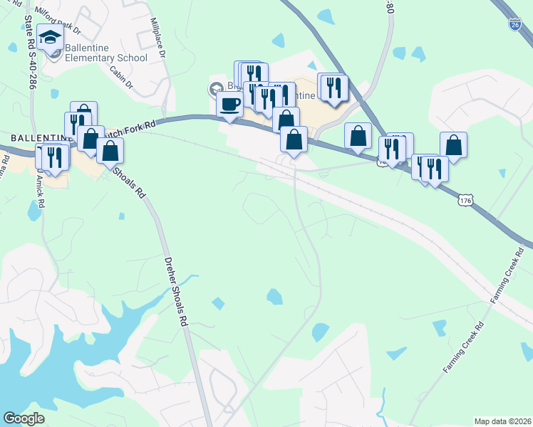 map of restaurants, bars, coffee shops, grocery stores, and more near 109 Willard Bouknight Road in Irmo