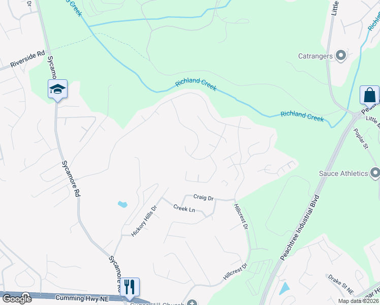 map of restaurants, bars, coffee shops, grocery stores, and more near 1350 Avalon Creek Road in Sugar Hill