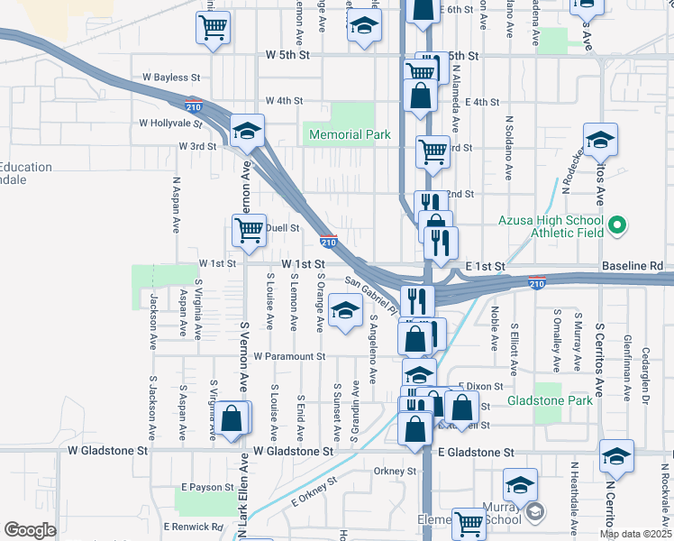 map of restaurants, bars, coffee shops, grocery stores, and more near 426 West 1st Street in Azusa
