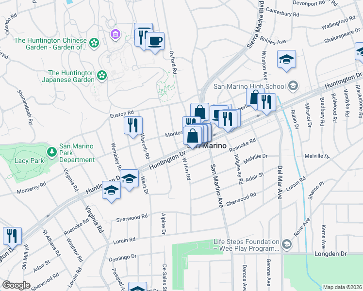 map of restaurants, bars, coffee shops, grocery stores, and more near 4200 Monterey Road in San Marino