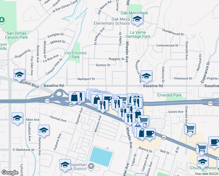 map of restaurants, bars, coffee shops, grocery stores, and more near 4673 Catalina Avenue in La Verne