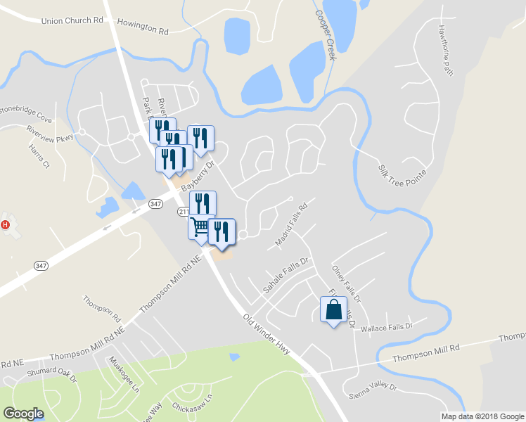map of restaurants, bars, coffee shops, grocery stores, and more near 6395 Mossy Oak Landing in Braselton