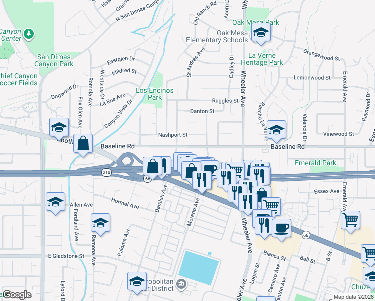 map of restaurants, bars, coffee shops, grocery stores, and more near 1160 Baseline Road in La Verne