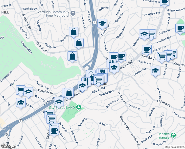 map of restaurants, bars, coffee shops, grocery stores, and more near 3030 Valle Vista Drive in Los Angeles
