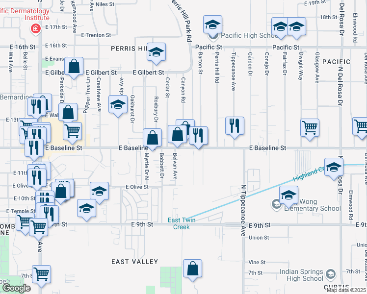 map of restaurants, bars, coffee shops, grocery stores, and more near 1217 North Canyon Road in San Bernardino