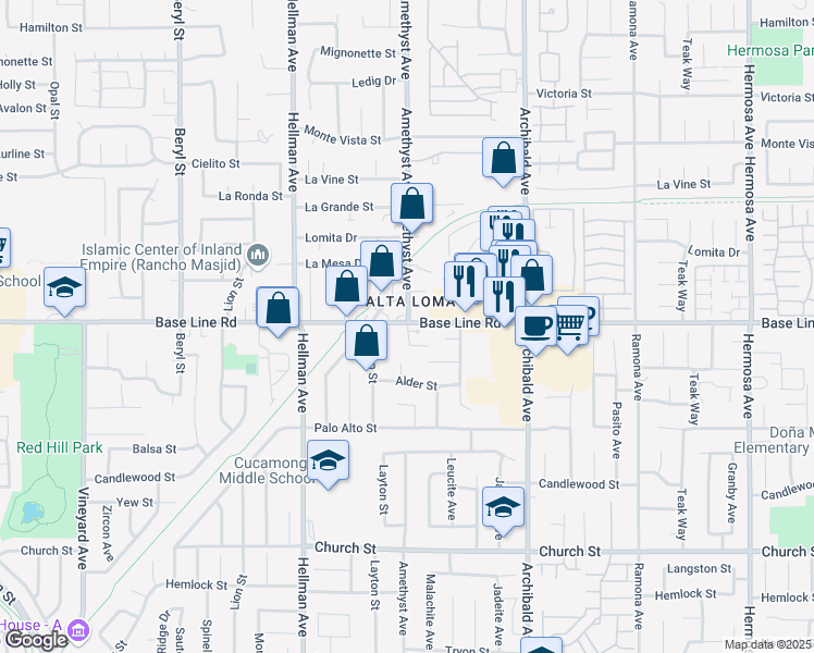 map of restaurants, bars, coffee shops, grocery stores, and more near 9519 Baseline Road in Rancho Cucamonga