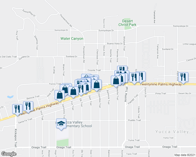 map of restaurants, bars, coffee shops, grocery stores, and more near 55872 Antelope Trail in Yucca Valley