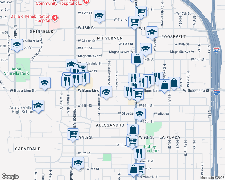 map of restaurants, bars, coffee shops, grocery stores, and more near in San Bernardino