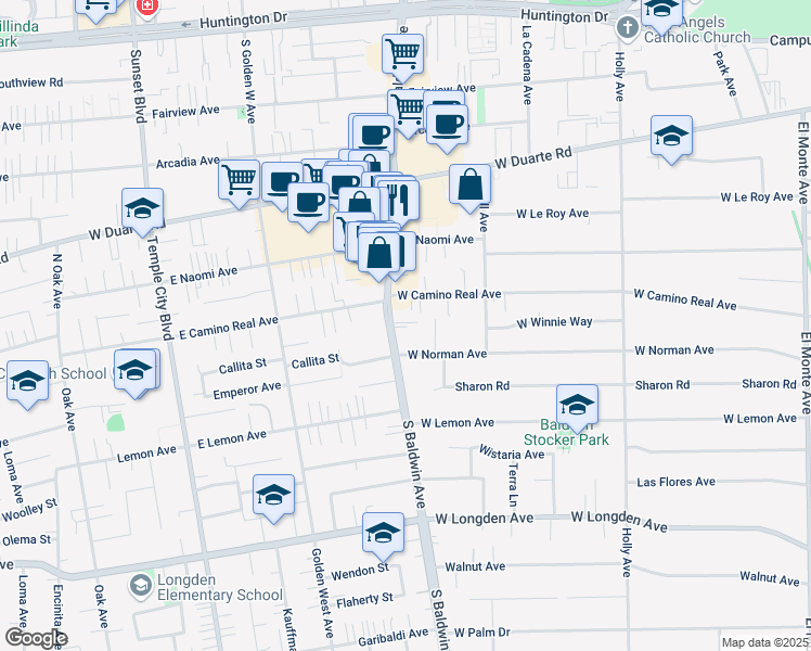 map of restaurants, bars, coffee shops, grocery stores, and more near 1510 South Baldwin Avenue in Arcadia