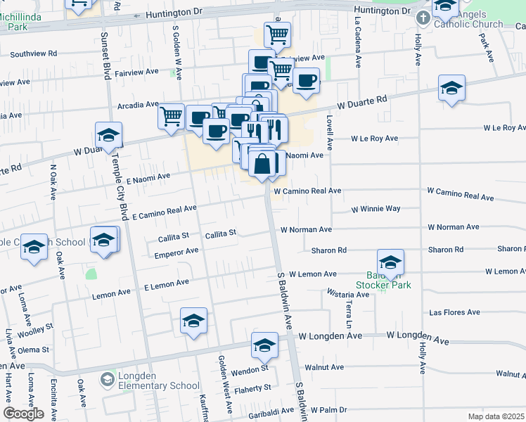 map of restaurants, bars, coffee shops, grocery stores, and more near 712 West Camino Real Avenue in Arcadia
