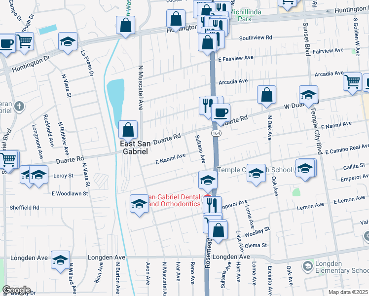 map of restaurants, bars, coffee shops, grocery stores, and more near 6840 North Lotus Avenue in San Gabriel