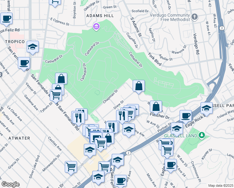 map of restaurants, bars, coffee shops, grocery stores, and more near 3338 Chapman Street in Los Angeles