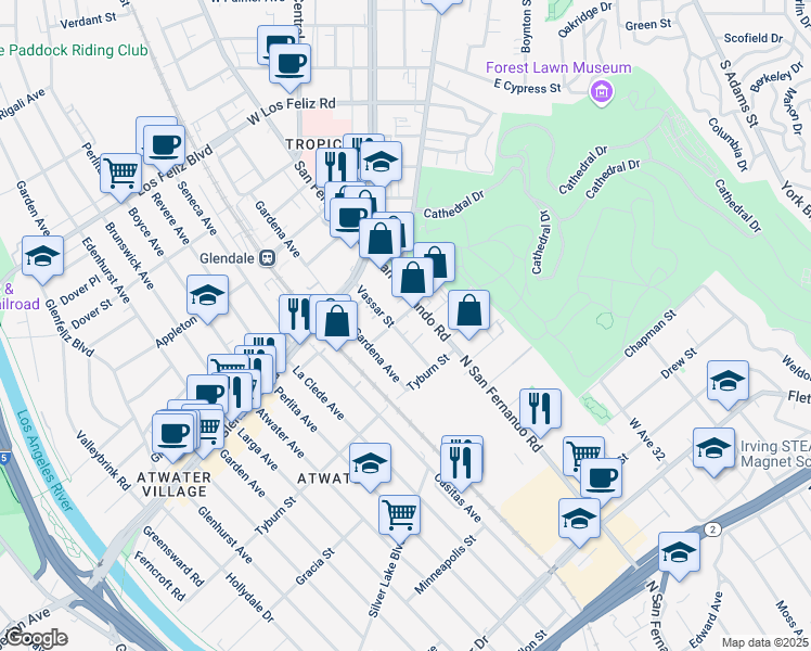 map of restaurants, bars, coffee shops, grocery stores, and more near 1838 Vassar Street in Glendale