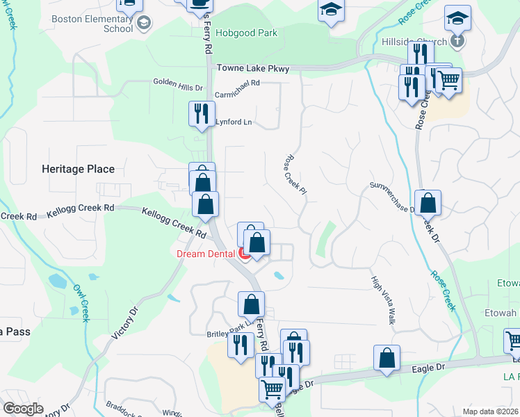 map of restaurants, bars, coffee shops, grocery stores, and more near 309 Southfork Court in Woodstock