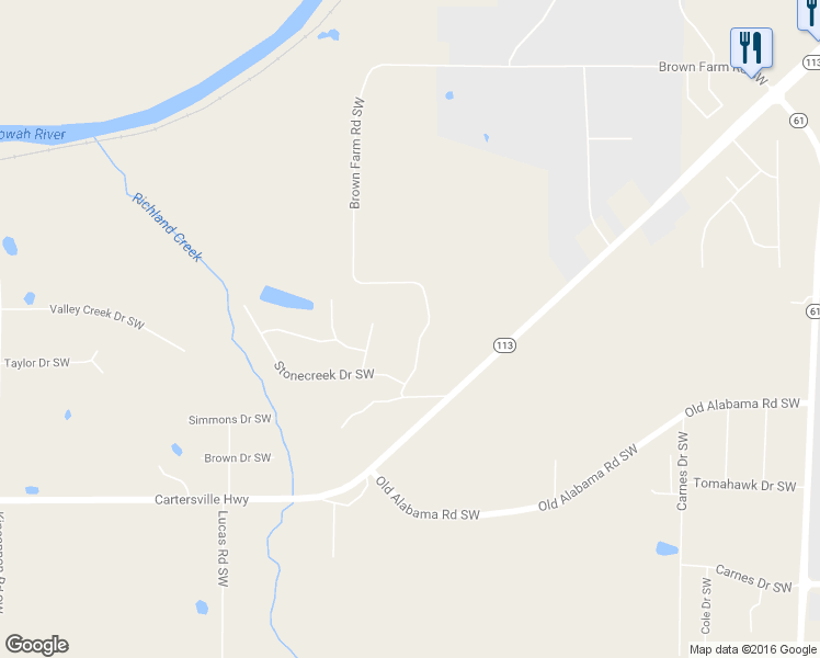 map of restaurants, bars, coffee shops, grocery stores, and more near 518 Brown Farm Road Southwest in Cartersville