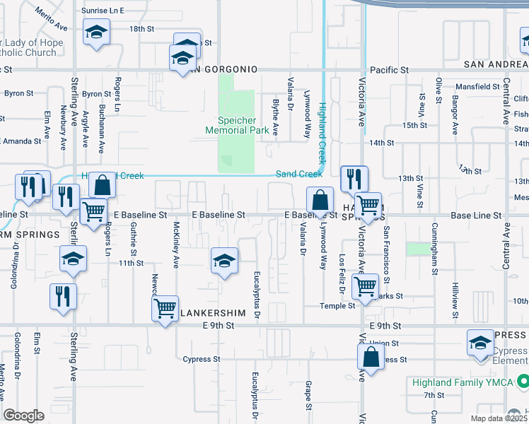 map of restaurants, bars, coffee shops, grocery stores, and more near Base Line in Highland
