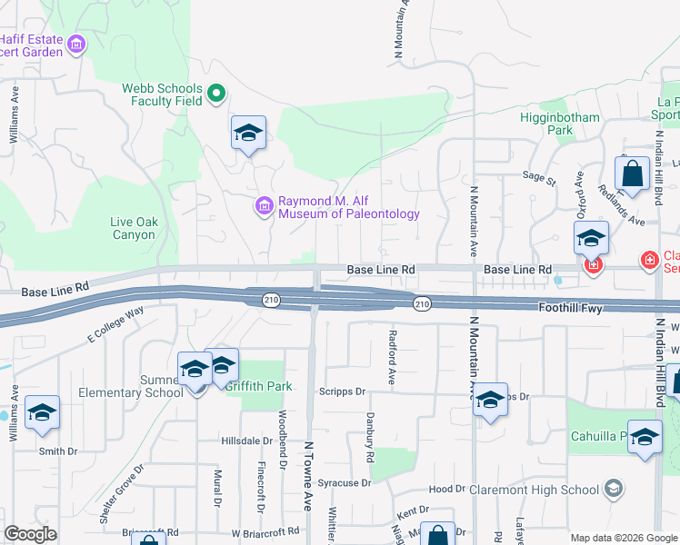 map of restaurants, bars, coffee shops, grocery stores, and more near 4412 Oak Lane in Claremont