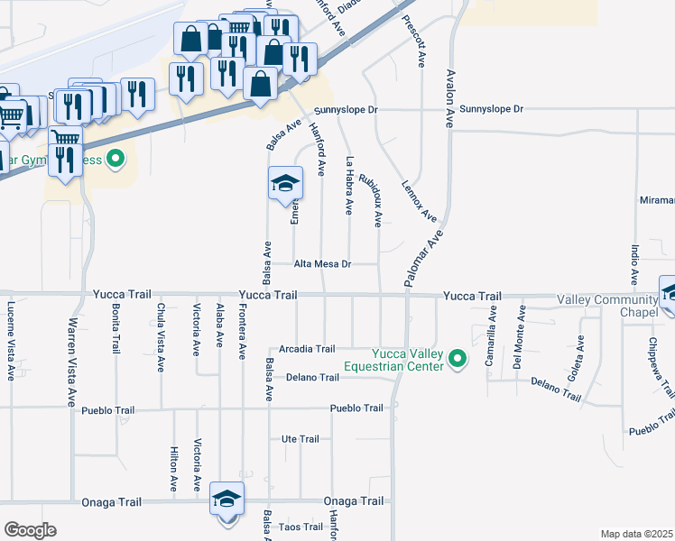 map of restaurants, bars, coffee shops, grocery stores, and more near 58255 Alta Mesa Drive in Yucca Valley