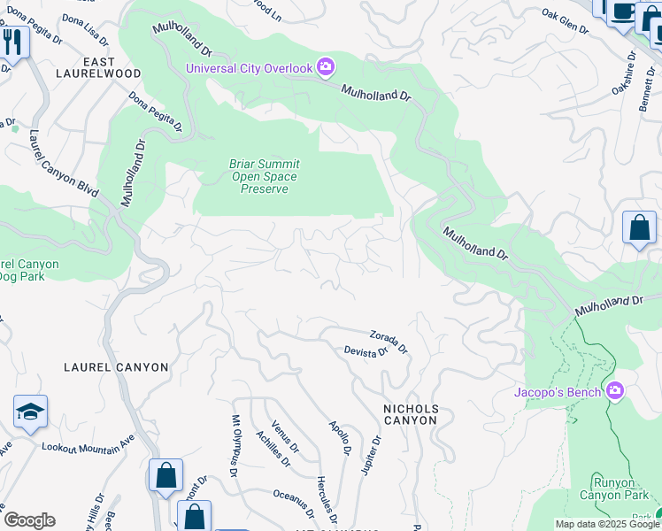 map of restaurants, bars, coffee shops, grocery stores, and more near 7728 Woodrow Wilson Drive in Los Angeles