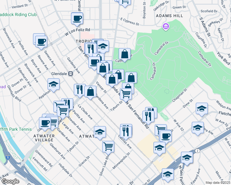 map of restaurants, bars, coffee shops, grocery stores, and more near 3636 San Fernando Road in Glendale