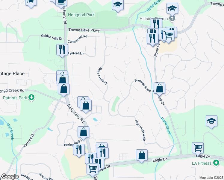 map of restaurants, bars, coffee shops, grocery stores, and more near 804 Rose Creek Walk in Woodstock