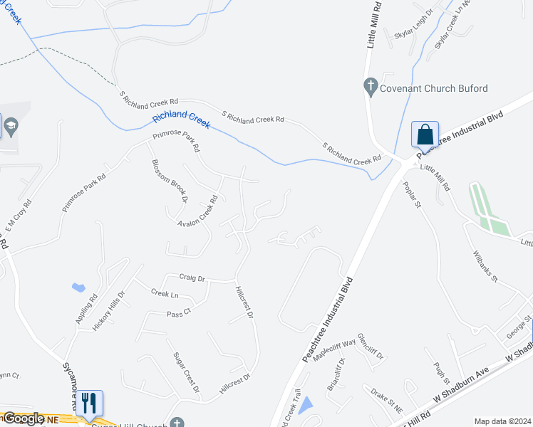 map of restaurants, bars, coffee shops, grocery stores, and more near 1610 Shire Village Drive in Sugar Hill
