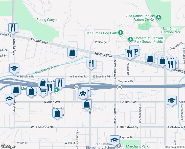 map of restaurants, bars, coffee shops, grocery stores, and more near 1112 North San Dimas Avenue in San Dimas