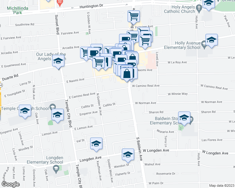 map of restaurants, bars, coffee shops, grocery stores, and more near 736 West Camino Real Avenue in Arcadia