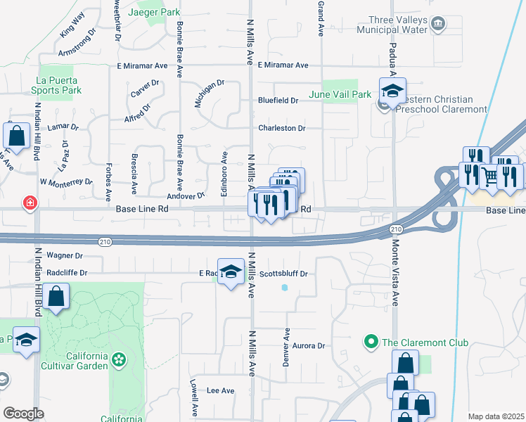 map of restaurants, bars, coffee shops, grocery stores, and more near 548 East Baseline Road in Claremont