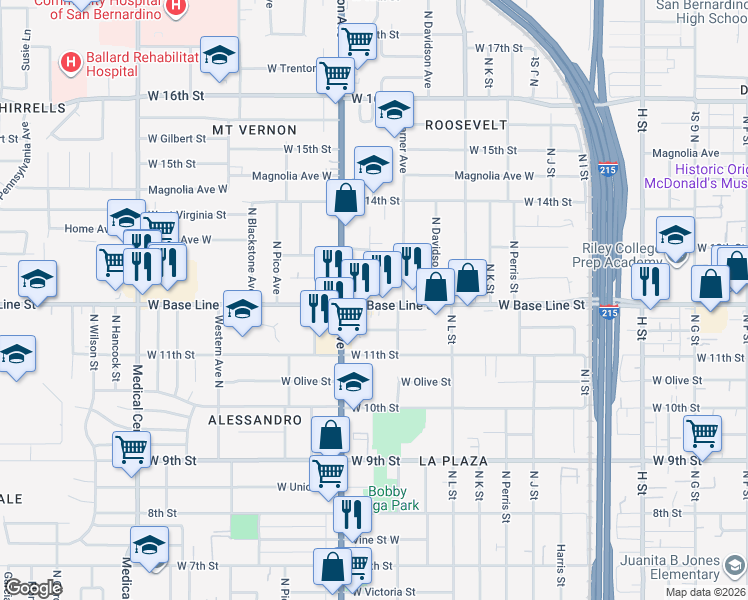 map of restaurants, bars, coffee shops, grocery stores, and more near 1256 West Base Line Street in San Bernardino