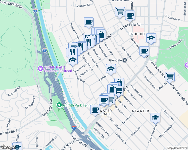 map of restaurants, bars, coffee shops, grocery stores, and more near 3474 Gardenside Lane in Los Angeles