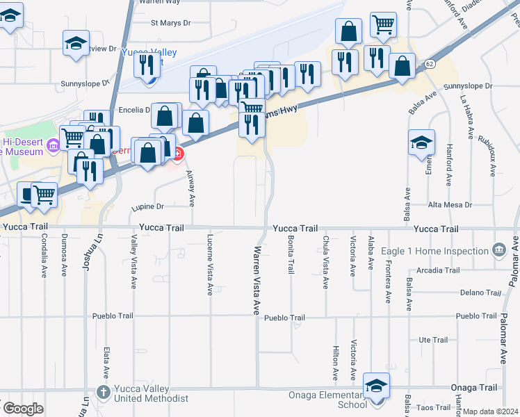 map of restaurants, bars, coffee shops, grocery stores, and more near 7221 Murray Lane in Yucca Valley